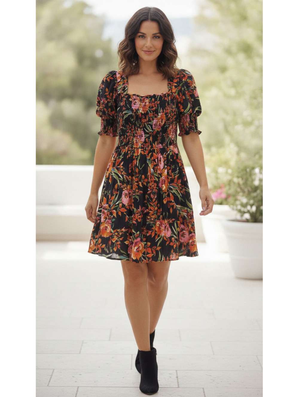 MSK Black Floral Puff Sleeve Dress Size M